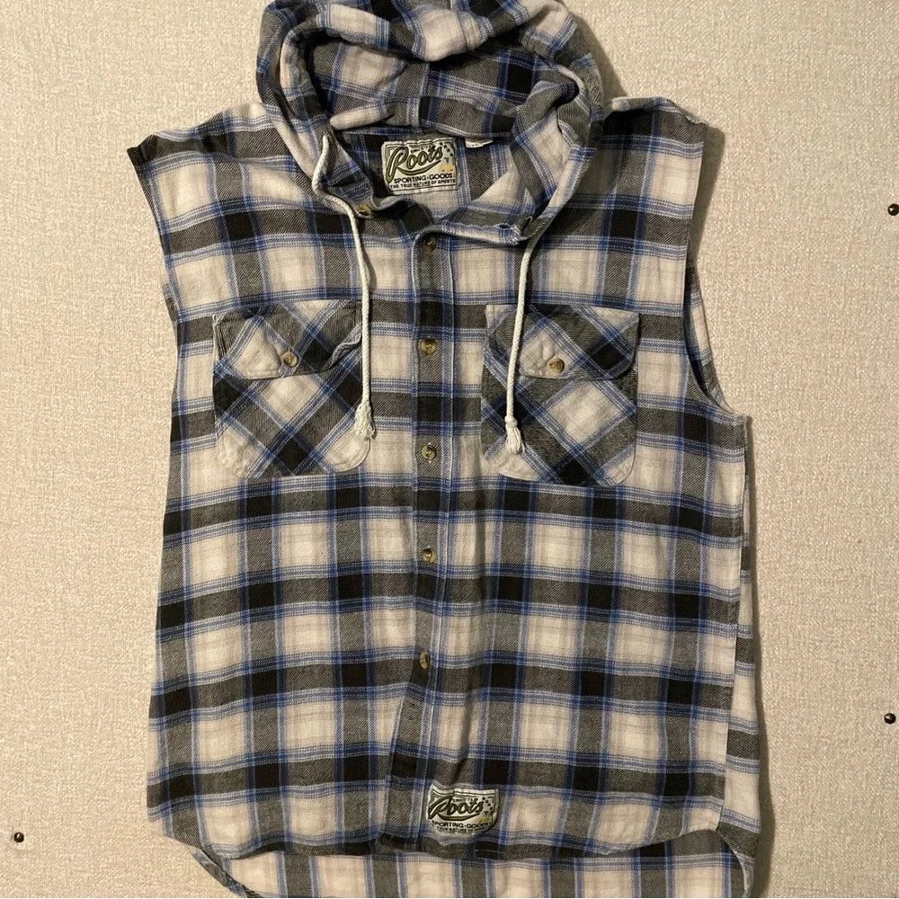 Roots Hooded Plaid Flannel Vest with Blue Accents 2XLT